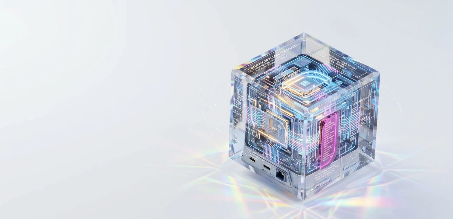 A glass cube with circuit internals and prismatic light